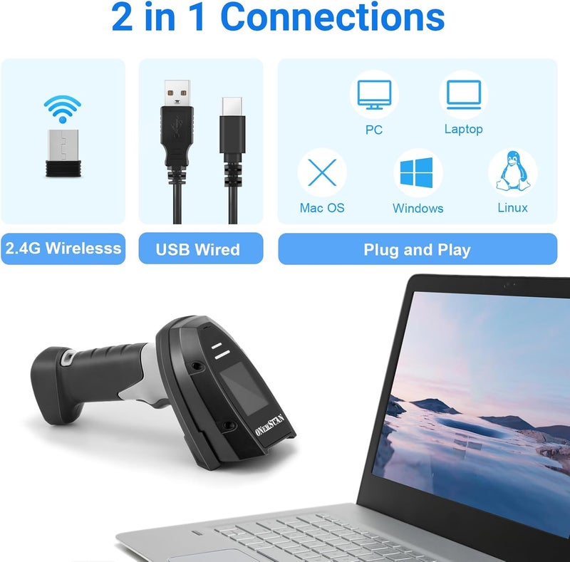 onewscan Barcode Scanner Wireless, 1D Laser Bar Code Scanners with Stand 2.4G Wireless & USB Wired Connection Plug and Play 2 in 1 Handheld Barcode Reader with Screen - Image 2